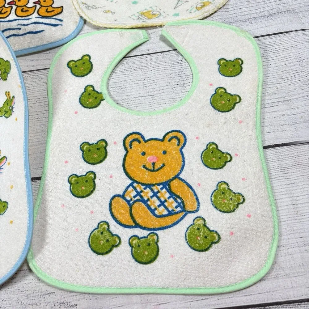 Vintage Lot of 6  Baby Bibs 0-6 Months Pastels Boy Girl Ducks Bunnies Bears